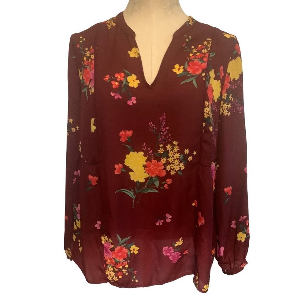 Large Old Navy Sheer Burgundy Floral Women's Pullover Blouse